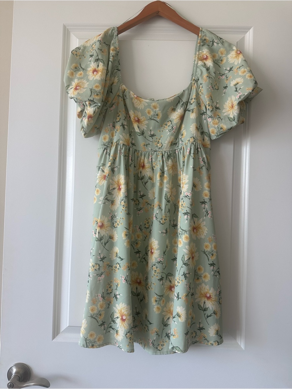 Women’s Floral Puff-Sleeve Dress - Mint Yellow Floral